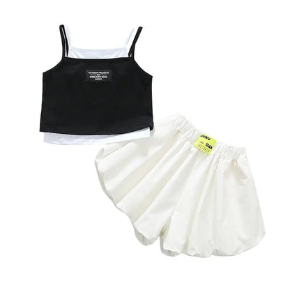Teenage Girls Fashion Clothing Sets Summer Fake Two Pieces Vest+Shorts 2PCS Children&
