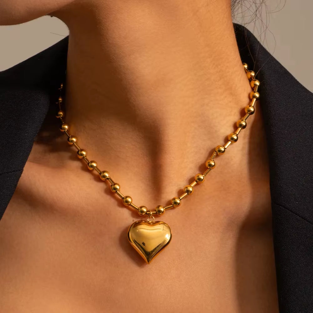 Stainless Steel Heart Necklaces for Women 6Mm Gold/Silver Color Metal Ball Bead Chain Choker Collier Femme Valentine&