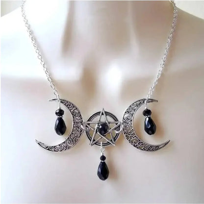 Triple Moon Necklace Wiccan Jewelry Triple Goddess Pentacle Necklace Pentagram Necklace Pagan Necklace