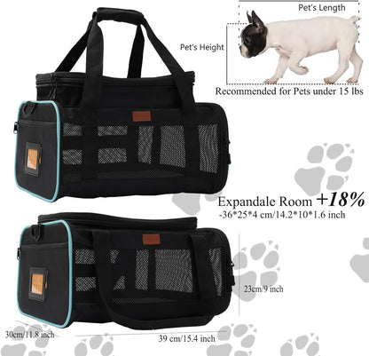 Black Pets Carriers for Cats Small Dogs Flight Travel Carrier Bag,Airline Approved,Ventilated Puppy Bag,Guaranteed on Cabin Board Flight,Top Load Expandable