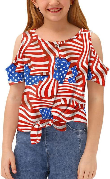 Girls July 4Th Cold Shoulder Tie Front Button down Patriotic Shirt 5-14 Years
