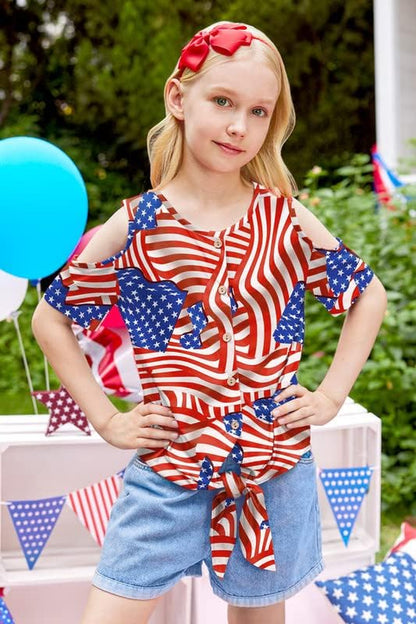 Girls July 4Th Cold Shoulder Tie Front Button down Patriotic Shirt 5-14 Years