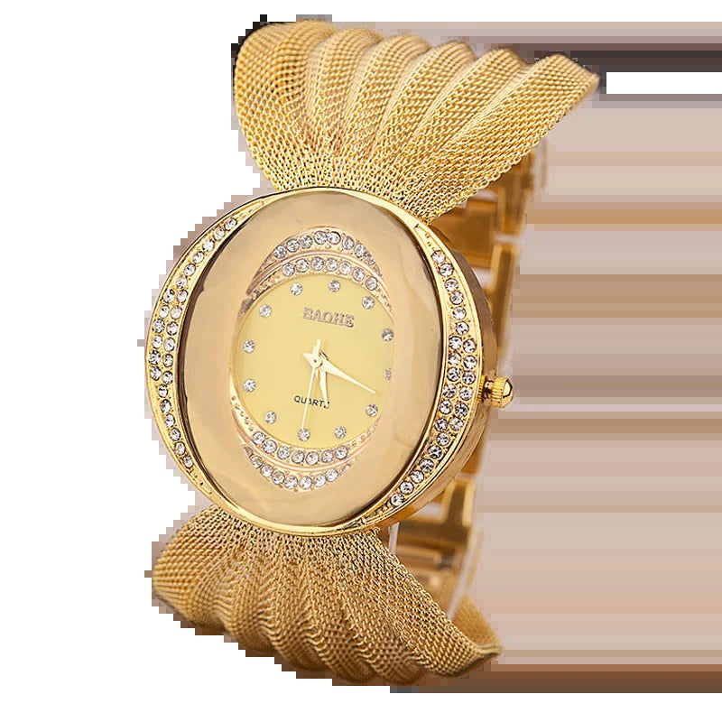 Mesh Band Women Watch Fashion Oval Gold Bracelet Alloy Quartz Watch Dress Rhinestone Women&