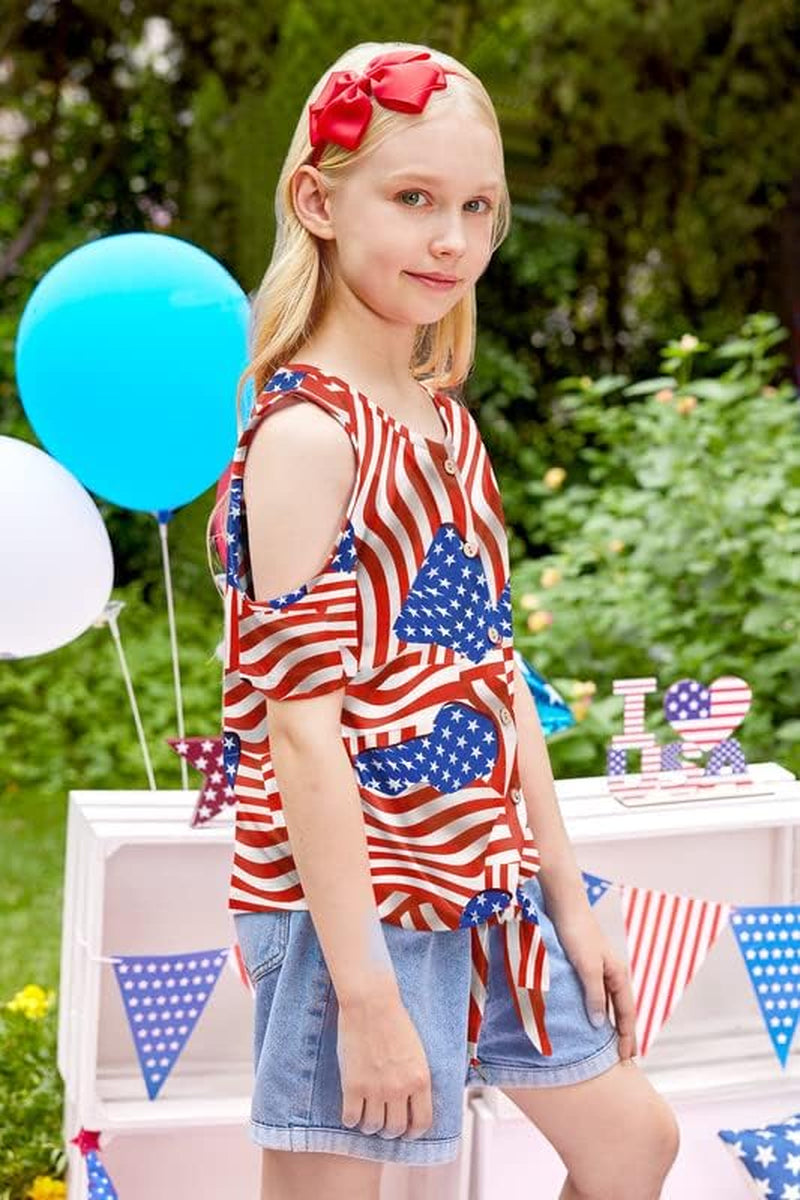 Girls July 4Th Cold Shoulder Tie Front Button down Patriotic Shirt 5-14 Years