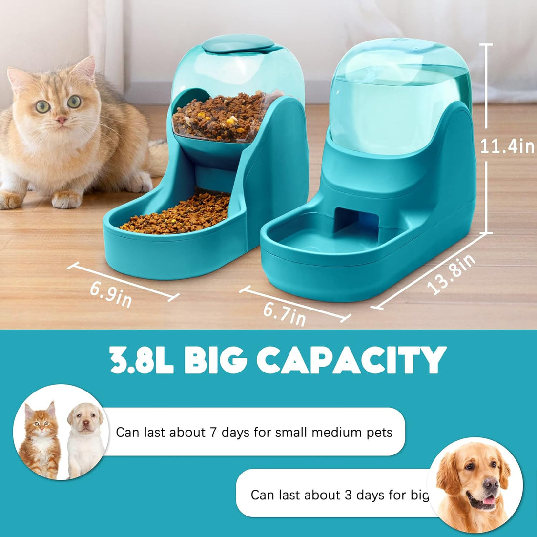 Pets Feeder Set Dog Feeder Cats Feeder with Water Dispenser Automatic Gravity Big Capacity Pets Feeder Auto for Small Medium Big Cats Dogs (Blue)