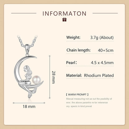 Pearl Mermaid Pendant Necklace for Women,Moon Pendant Mermaid Necklace with Pearl,Silver Jewelry Gifts for Mom,Daughter,Mermaid Moon Necklace Birthday Gifts for Women,Mermaid Necklace