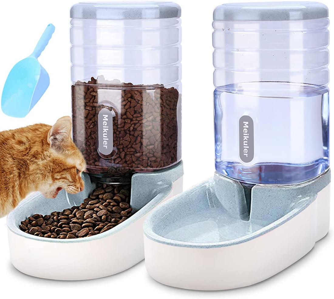 Automatic Dog Cat Feeder and Water Dispenser Set,Waterer and Gravity Food Feeder for Small &amp; Medium Dogs Cats Puppies,Large Capacity 1 Gallon X 2 (Grey)