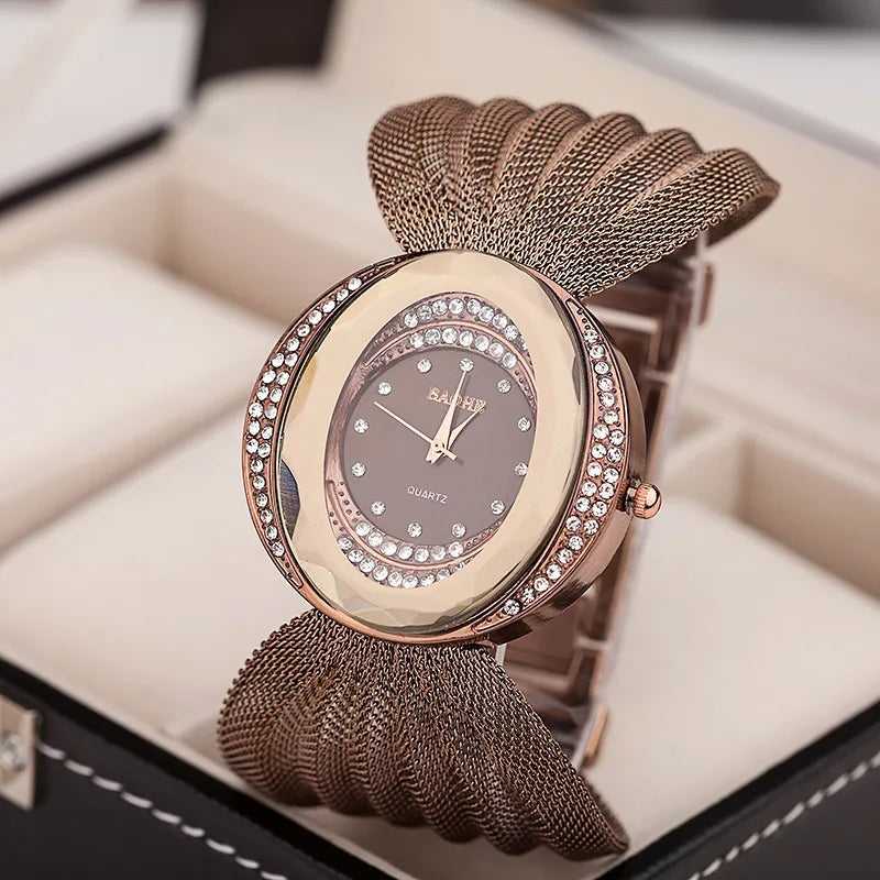 Mesh Band Women Watch Fashion Oval Gold Bracelet Alloy Quartz Watch Dress Rhinestone Women&