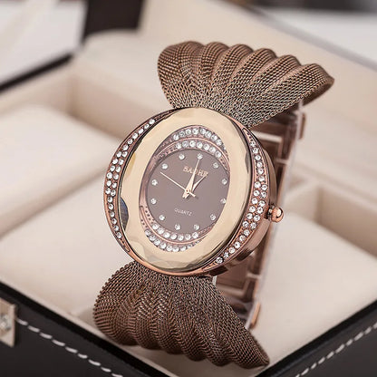Mesh Band Women Watch Fashion Oval Gold Bracelet Alloy Quartz Watch Dress Rhinestone Women&