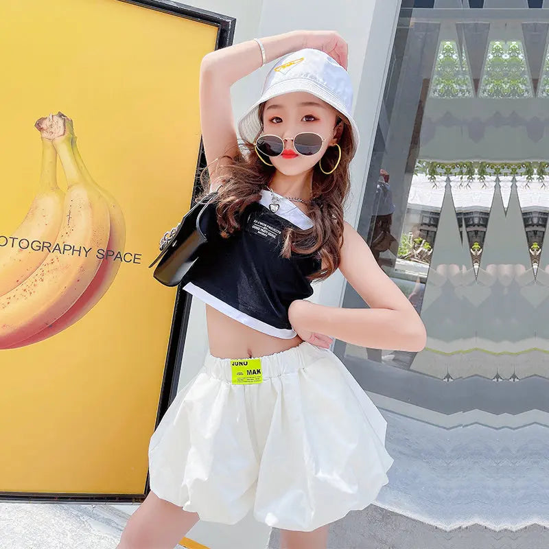 Teenage Girls Fashion Clothing Sets Summer Fake Two Pieces Vest+Shorts 2PCS Children&