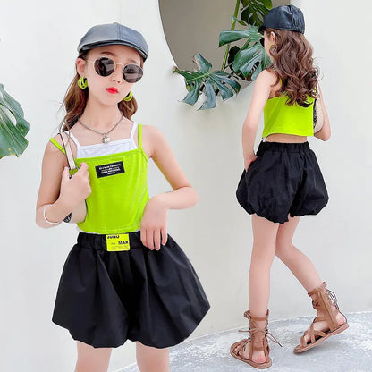 Teenage Girls Fashion Clothing Sets Summer Fake Two Pieces Vest+Shorts 2PCS Children&