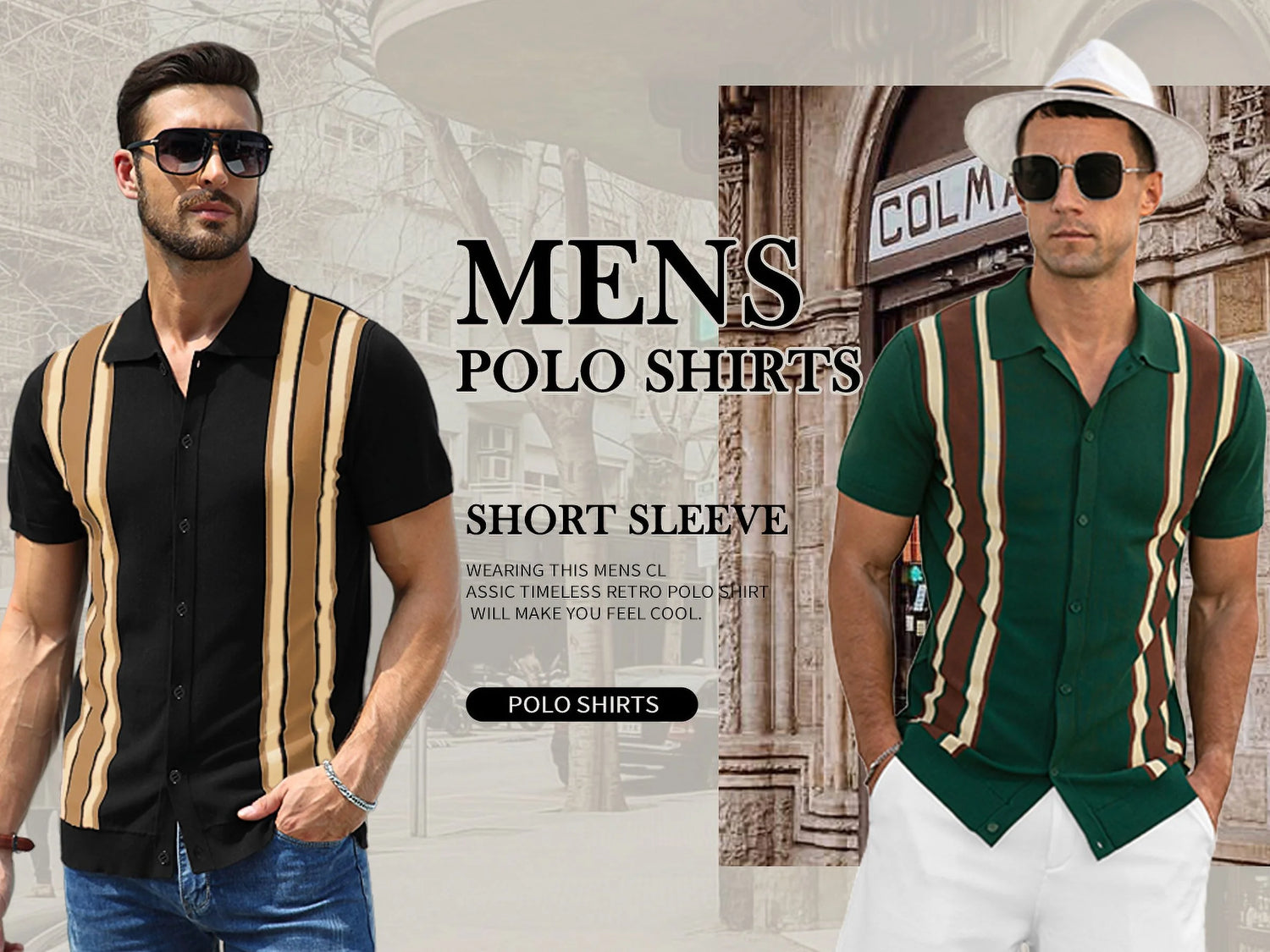 Mens Polo Shirts Vintage Striped Knitting Short Sleeves Button down Golf Shirts