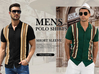 Mens Polo Shirts Vintage Striped Knitting Short Sleeves Button down Golf Shirts