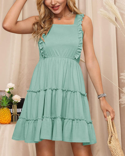 Women Summer Square Neck Ruffle Sleeve Flowy Tiered Mini Dress