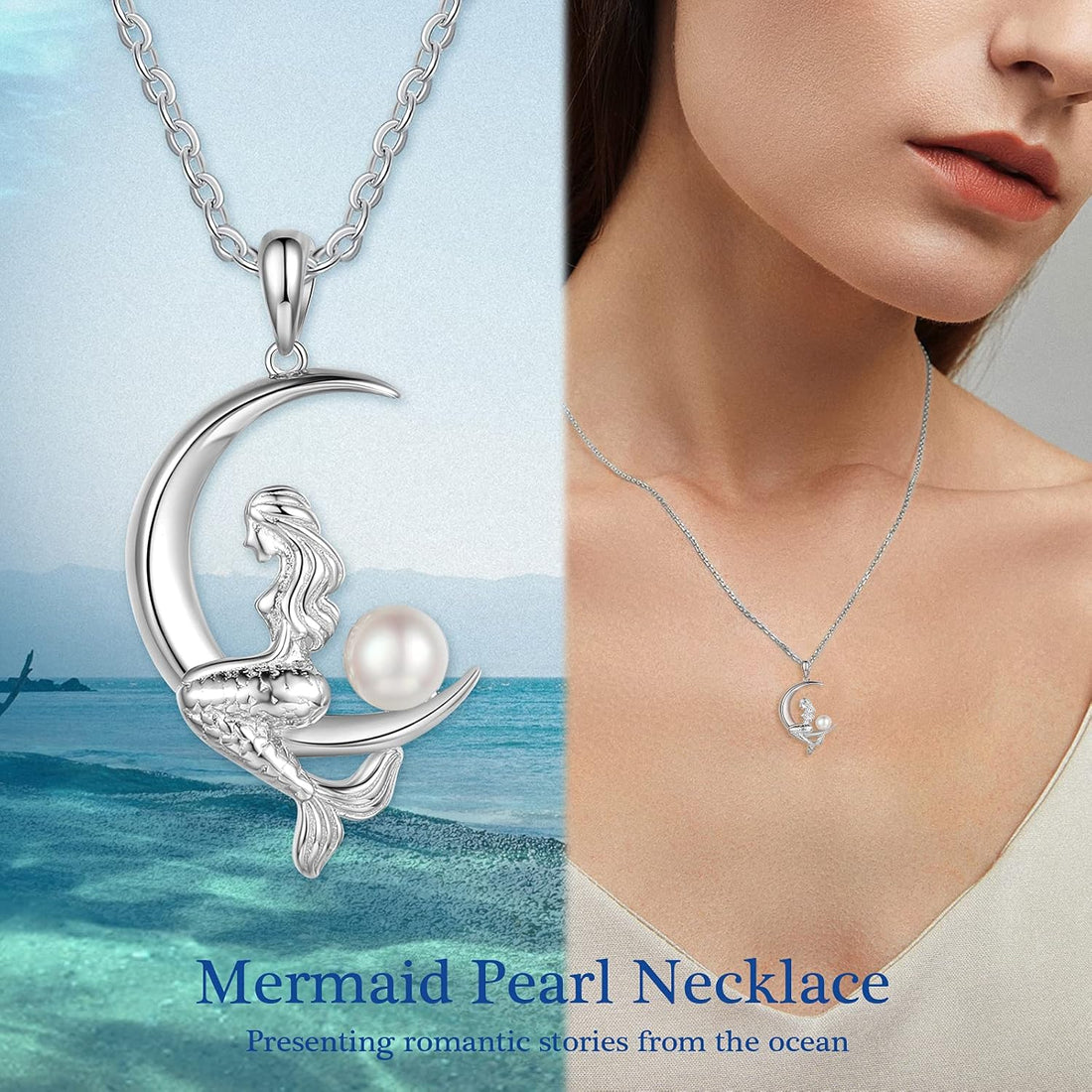 Pearl Mermaid Pendant Necklace for Women,Moon Pendant Mermaid Necklace with Pearl,Silver Jewelry Gifts for Mom,Daughter,Mermaid Moon Necklace Birthday Gifts for Women,Mermaid Necklace