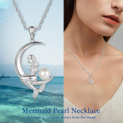 Pearl Mermaid Pendant Necklace for Women,Moon Pendant Mermaid Necklace with Pearl,Silver Jewelry Gifts for Mom,Daughter,Mermaid Moon Necklace Birthday Gifts for Women,Mermaid Necklace