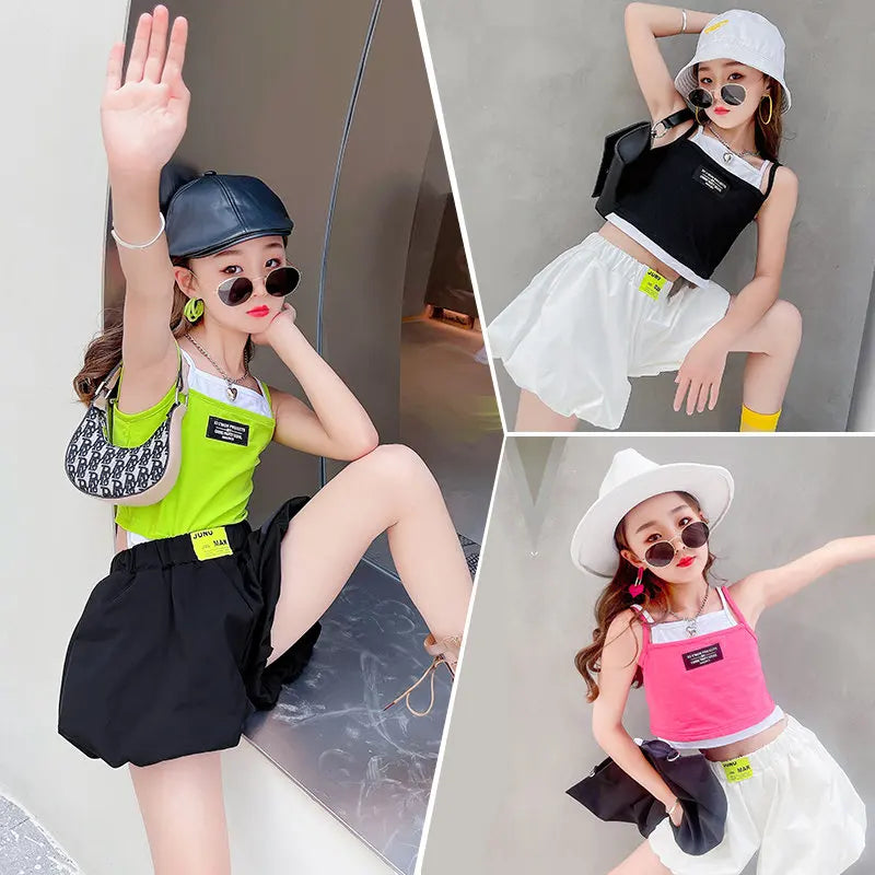 Teenage Girls Fashion Clothing Sets Summer Fake Two Pieces Vest+Shorts 2PCS Children&