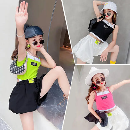 Teenage Girls Fashion Clothing Sets Summer Fake Two Pieces Vest+Shorts 2PCS Children&