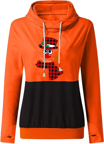 Christmas Hoodies for Womens Fall Fashion Winter Casual Cute Snowman Print Hooded Drawstring Tops Pullover Sweatshirt