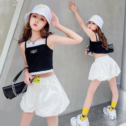 Teenage Girls Fashion Clothing Sets Summer Fake Two Pieces Vest+Shorts 2PCS Children&