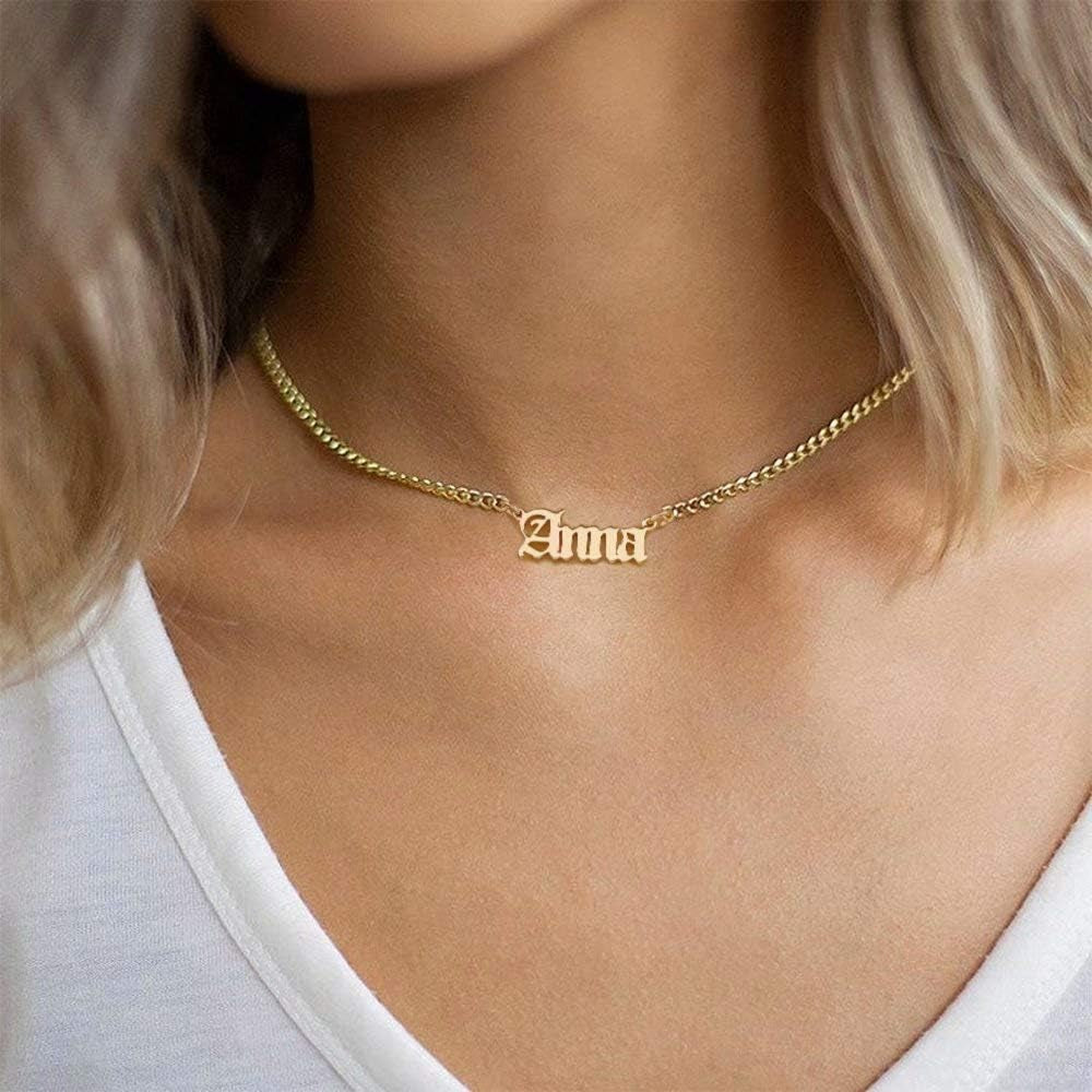 Gold Custom Name Necklace Personalized, Rose 14K Gold Plated Personalized Name Necklace Gold Customized Necklace Jewelry Name Plate Necklace Personalized Gifts for Women Gothic Font Style