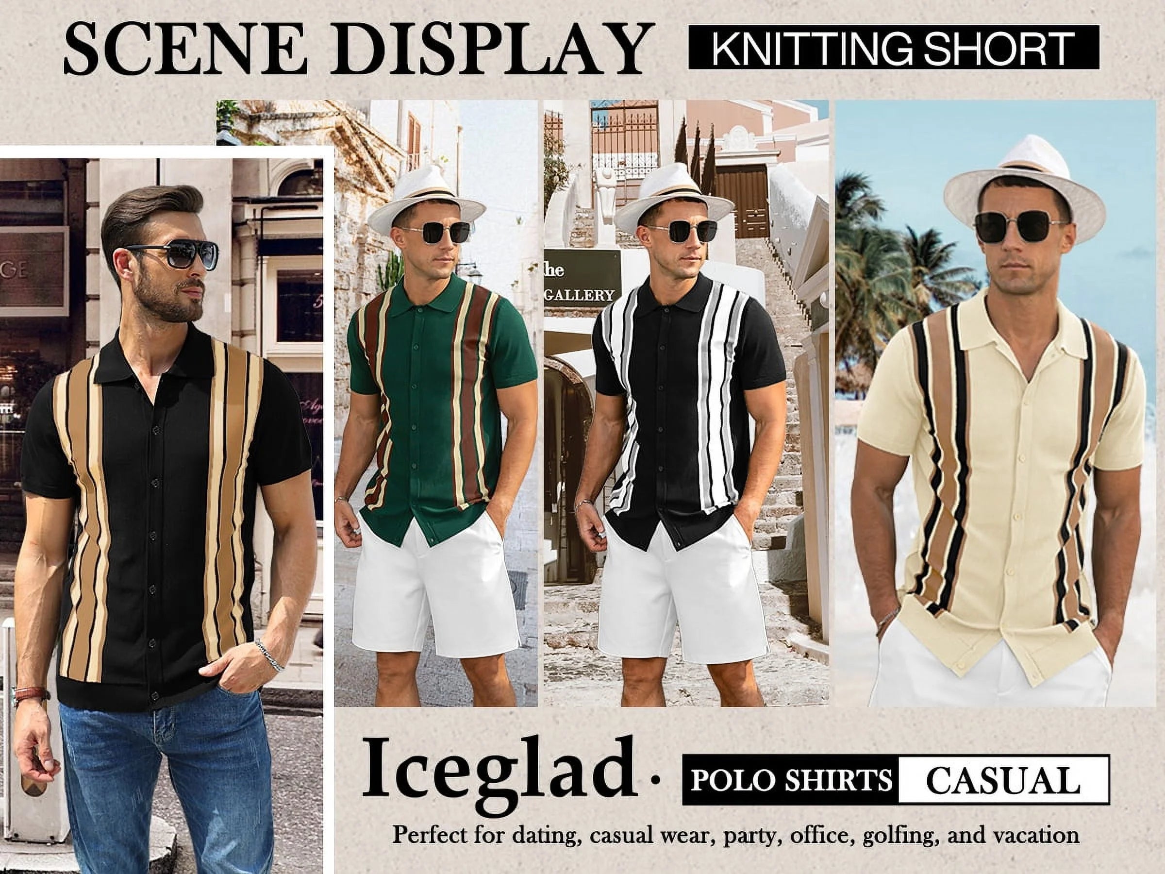 Mens Polo Shirts Vintage Striped Knitting Short Sleeves Button down Golf Shirts