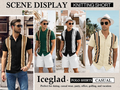 Mens Polo Shirts Vintage Striped Knitting Short Sleeves Button down Golf Shirts