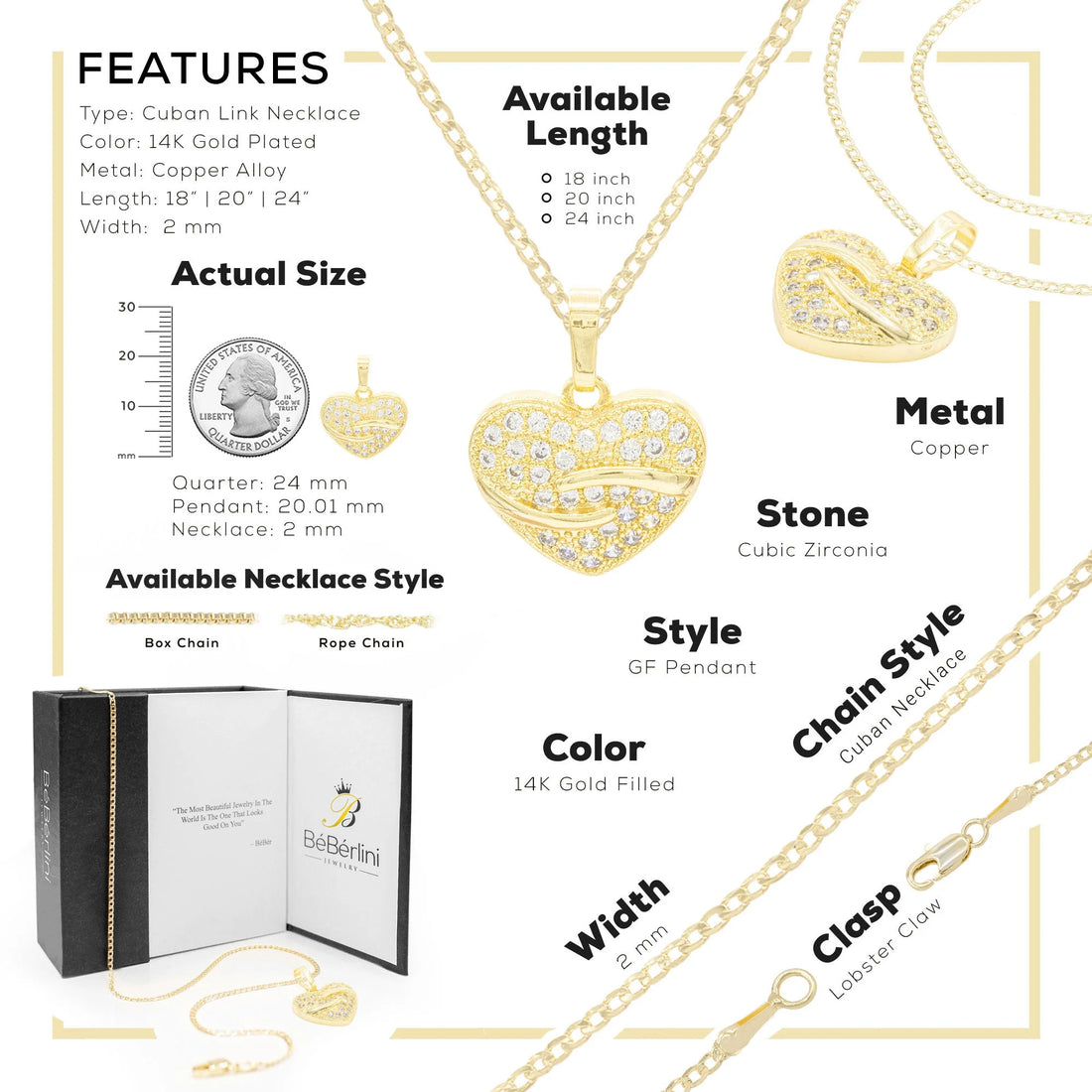 Heart CZ Charm 14K Gold Filled Cuban Chain Pendant Necklace Jewelry Women 20&quot;